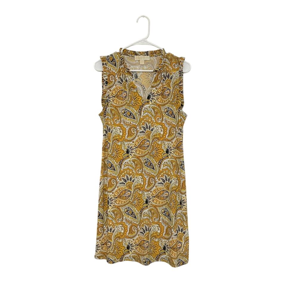 Michael Kors Yellow Paisley Ruffle Slinky Sun Dress Sleeveless Stretch Medium